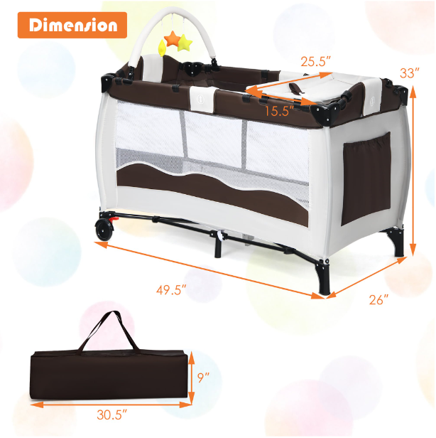 Portable Infant Baby 3 in 1 Crib-Playpen-Bassinet Bed in Coffee Color and Tan