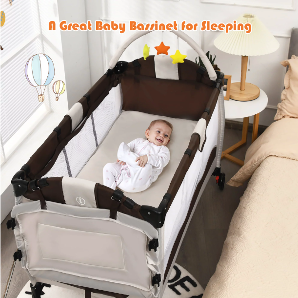 Portable Infant Baby 3 in 1 Crib-Playpen-Bassinet Bed in Coffee Color and Tan