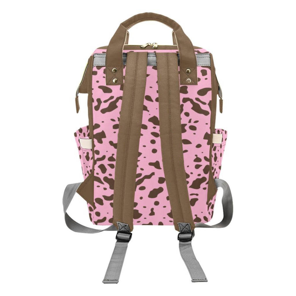 Custom Diaper Bag - Pretty Cowgirl With Braids Brown Cow Print On Baby Pink Backpack Diaper Bag