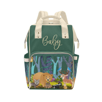 Designer Diaper Bags - Gender Neutral Forest Animals With Baby Name - Green - Waterproof Multi-Function Backpack