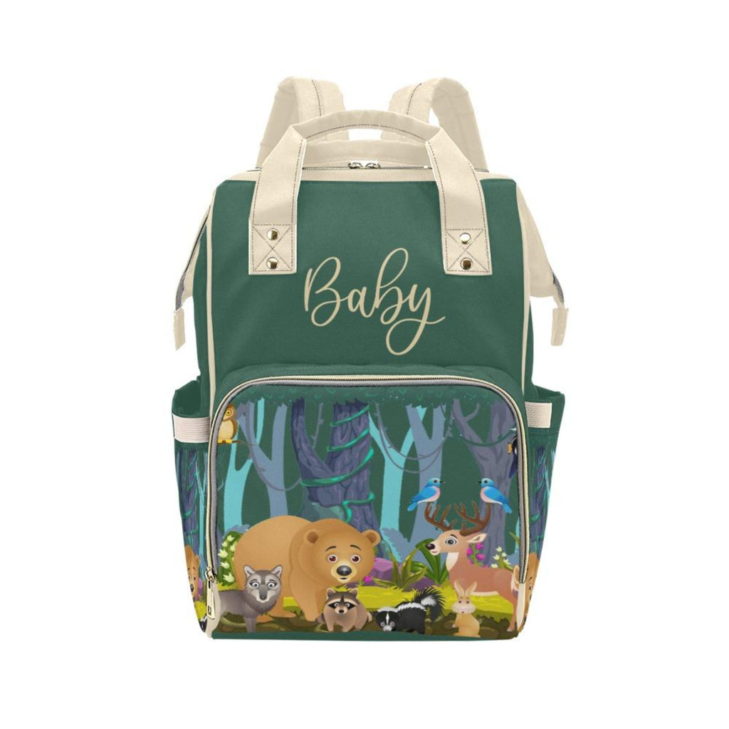 Designer Diaper Bags - Gender Neutral Forest Animals With Baby Name - Green - Waterproof Multi-Function Backpack