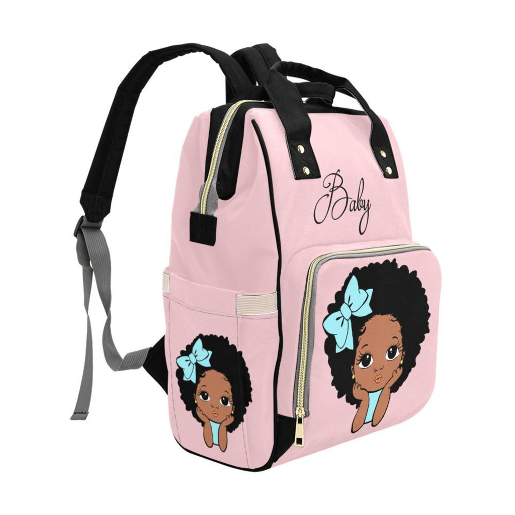 Designer Diaper Bags - African American Baby Girl Natural Curls And Electric Blue Bow On Pink