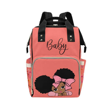 Designer Diaper Bag - African American Baby Girl With Afro Pigtails Coral Multi-Function Backpack