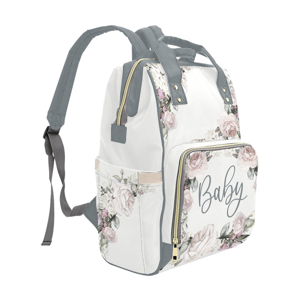 Personalized Faded Vintage Roses With Green Straps, Waterproof Diaper Bag Backpack