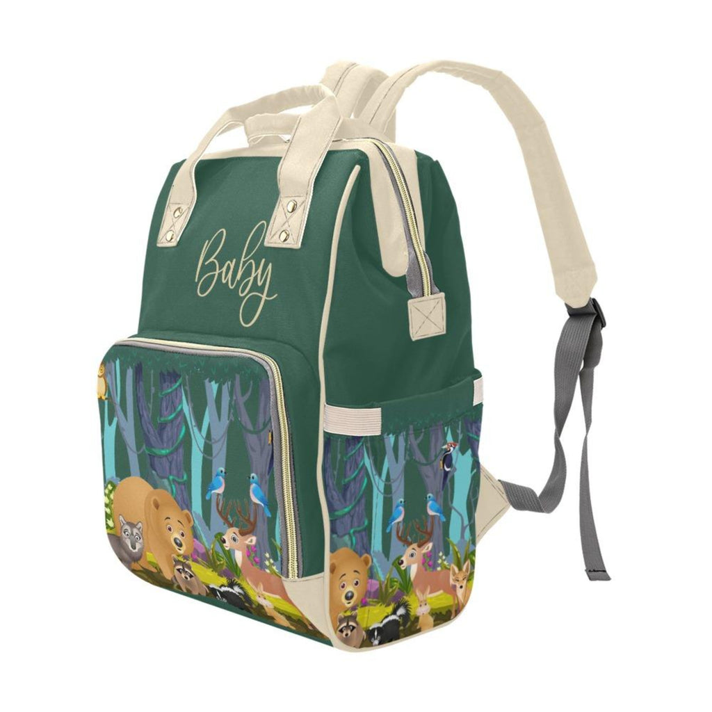 Designer Diaper Bags - Gender Neutral Forest Animals With Baby Name - Green - Waterproof Multi-Function Backpack