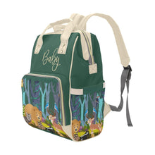 Load image into Gallery viewer, Designer Diaper Bags - Gender Neutral Forest Animals With Baby Name - Green - Waterproof Multi-Function Backpack