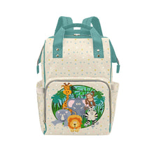 Load image into Gallery viewer, Designer Diaper Bag - Cartoon Zoo Animals On Fun Colorful Dots - Green Multi-Function Backpack