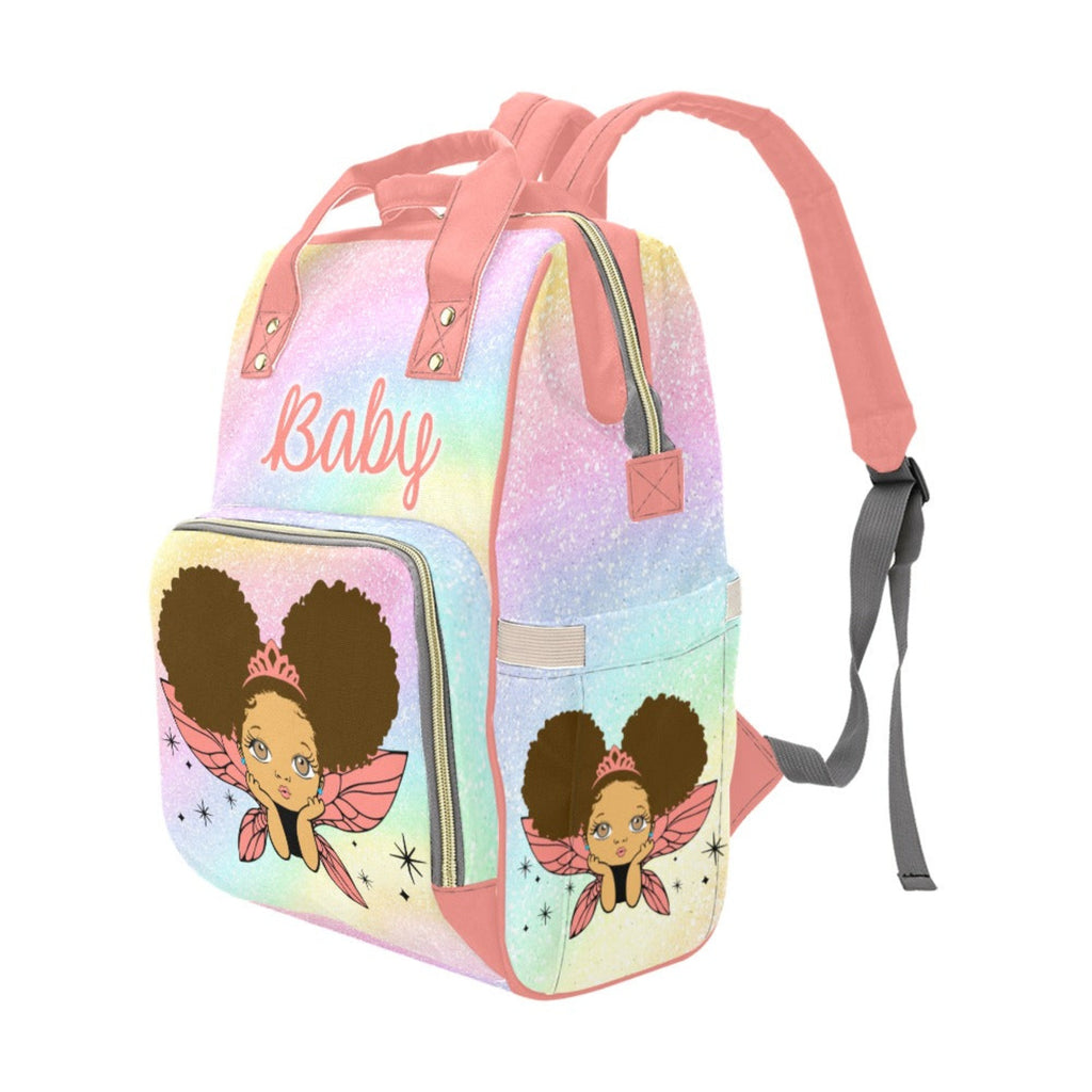 Biracial - Multi-Racial Pretty Eyes Baby Girl Fairy Princess Rainbow Coral Diaper Bag Backpack