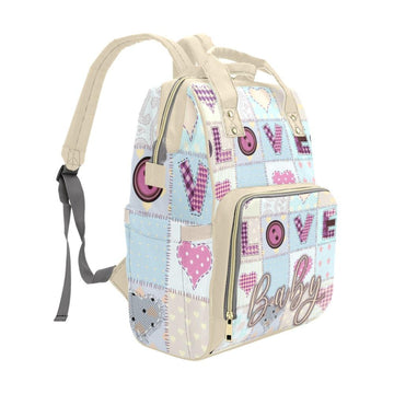 Designer Diaper Bag - Soft Tan Blue and Pink LOVE Quiltwork Diaper Bag Backpack