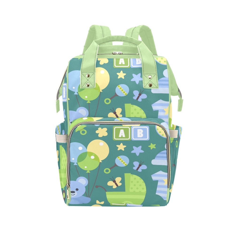 Personalize Optional - Designer Diaper Bags - Unisex Pastels With Baby Name - Green - Waterproof Multi-Function Backpack