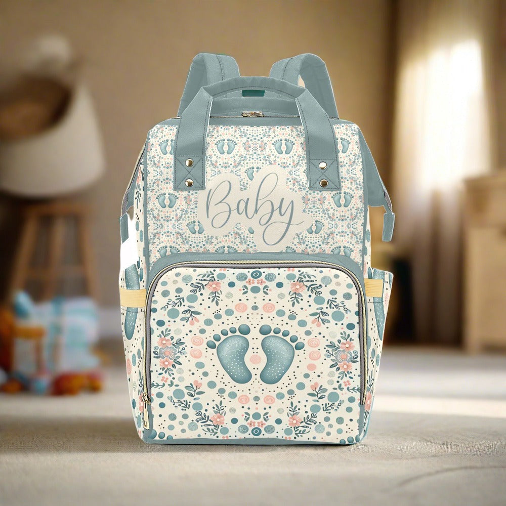 Baby Bag Backpack - Cute Boho Baby's Footprints in Green Multi-Function Backpack