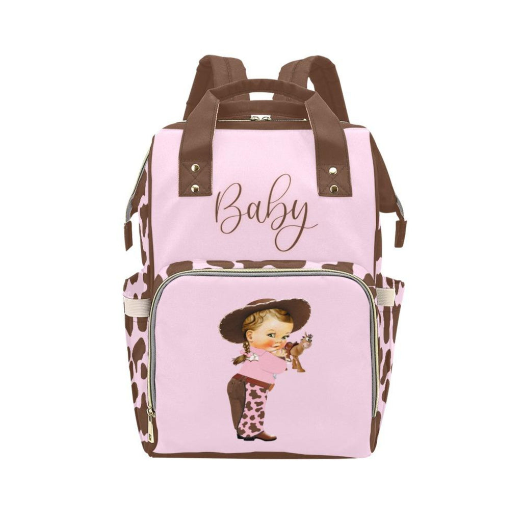 Designer Diaper Bags - Cute Cowgirl With Brown Cow Print On Soft Pink Waterproof Diaper Bag