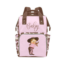 Load image into Gallery viewer, Designer Diaper Bags - Cute Cowgirl With Brown Cow Print On Soft Pink Waterproof Diaper Bag