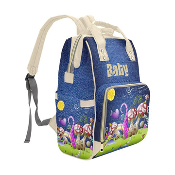 Designer Diaper Bags - Backpack Baby Bag Denim Mushroom Forest - Waterproof Multi-Function Backpack