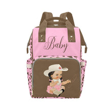 Load image into Gallery viewer, Custom Diaper Bag - Pretty Cowgirl With Braids Brown Cow Print On Baby Pink Backpack Diaper Bag