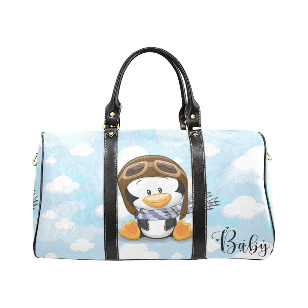 Custom Diaper Tote Bag | Super Cute Cartoon Penguin Pilot In Clouds With Personalized Heart Name - Diaper Travel Bag