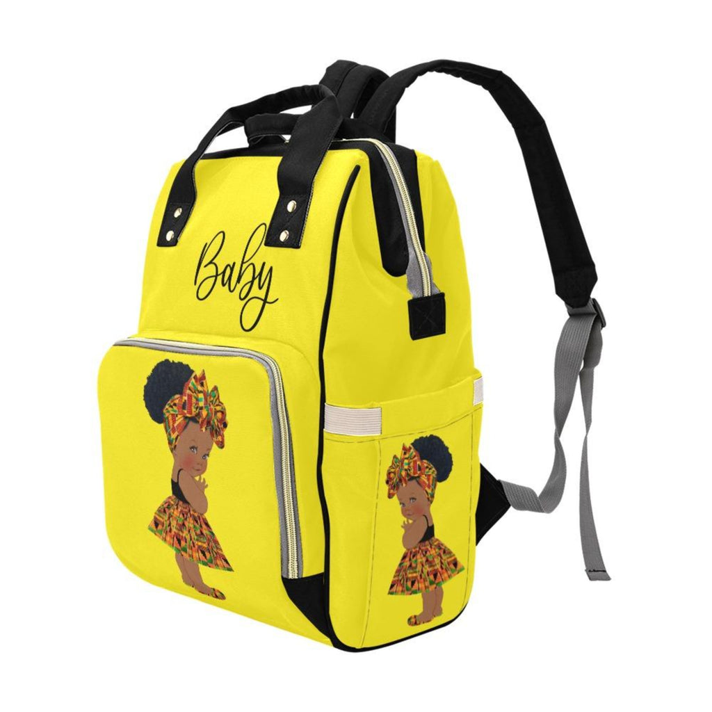 Designer Diaper Bag - Ethnic Queen African American Baby Girl - Bright Yellow Multi-Function Backpack