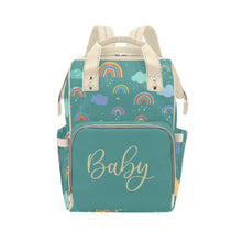 Load image into Gallery viewer, Designer Diaper Bags - Unisex Rainbows With Baby Name On Green - Waterproof Multi-Function Backpack