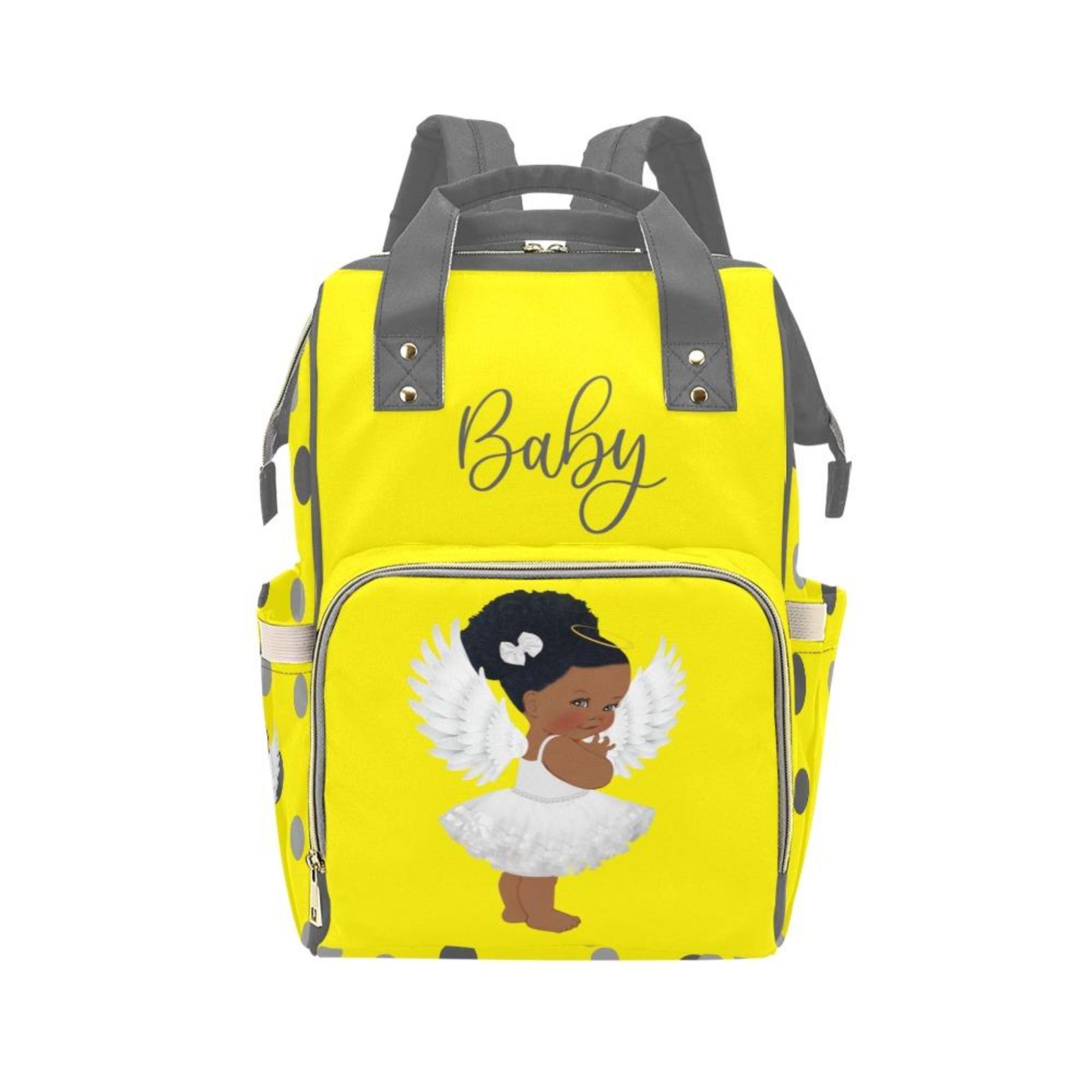 Designer Diaper Bag - African American Baby Girl Angel - Yellow Gray Polka Dots Multi-Function Backpack