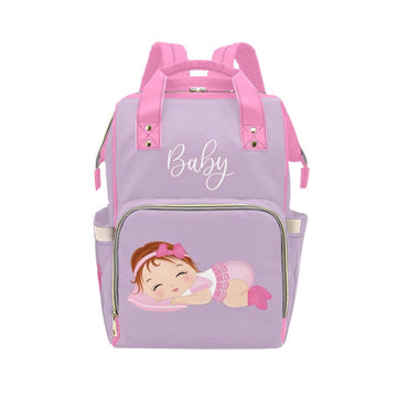 Designer Diaper Bag - Sweet Baby Girl Napping Lavender and Pink Waterproof Diaper Bag Backpack