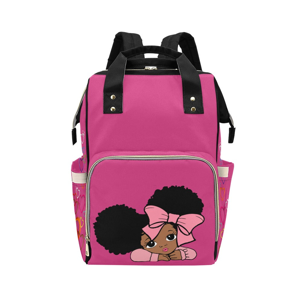 Designer Diaper Bags - African American Baby Girl With Afro Pigtails Hot Pink - Waterproof Multi-Function Backpack