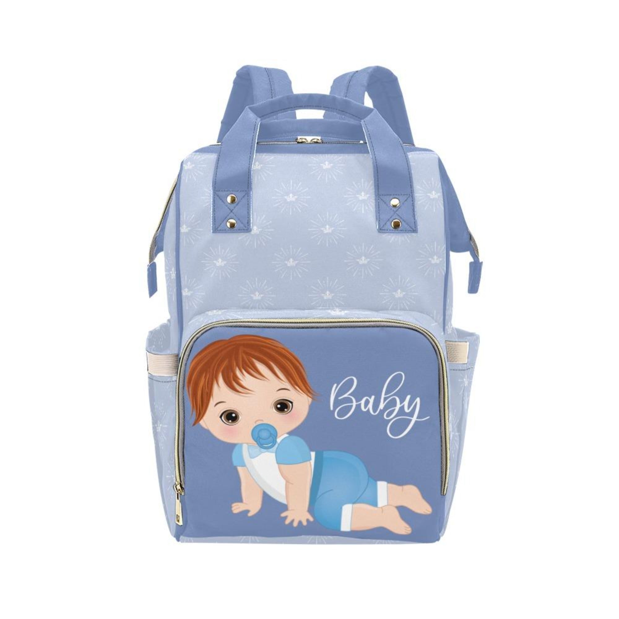 Custom Diaper Bag - Backpack Diaper Bag - Cute Redhead Baby Boy In Blue Diaper Bag