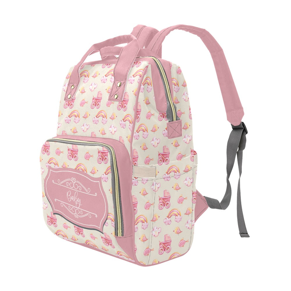 Diaper Bag Backpack with Retro Rainbows and Carriages and Name Label - Waterproof Diaper Backpack