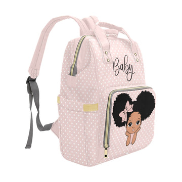 Designer Diaper Bag African American Baby Girl With Bow and Polka Dots