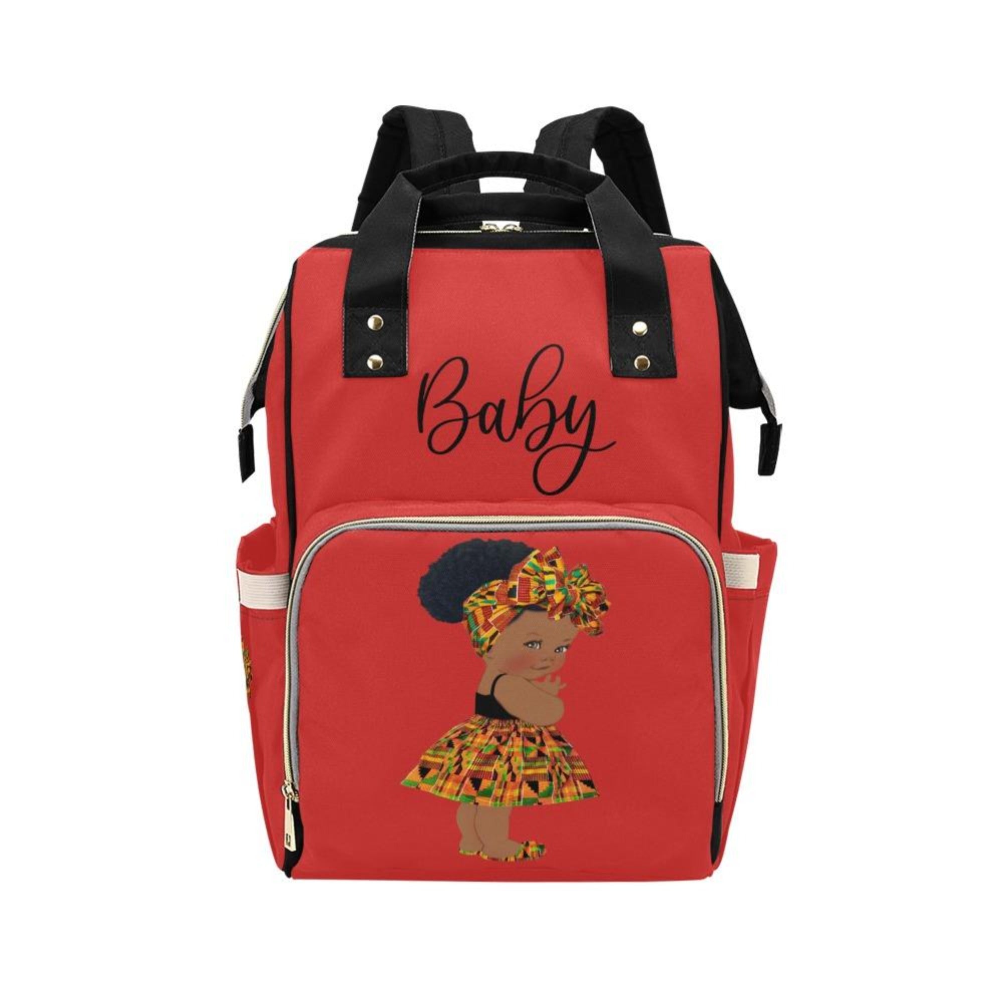Designer Diaper Bag - Ethnic African American Baby Girl - Dark Red Multi-Function Backpack