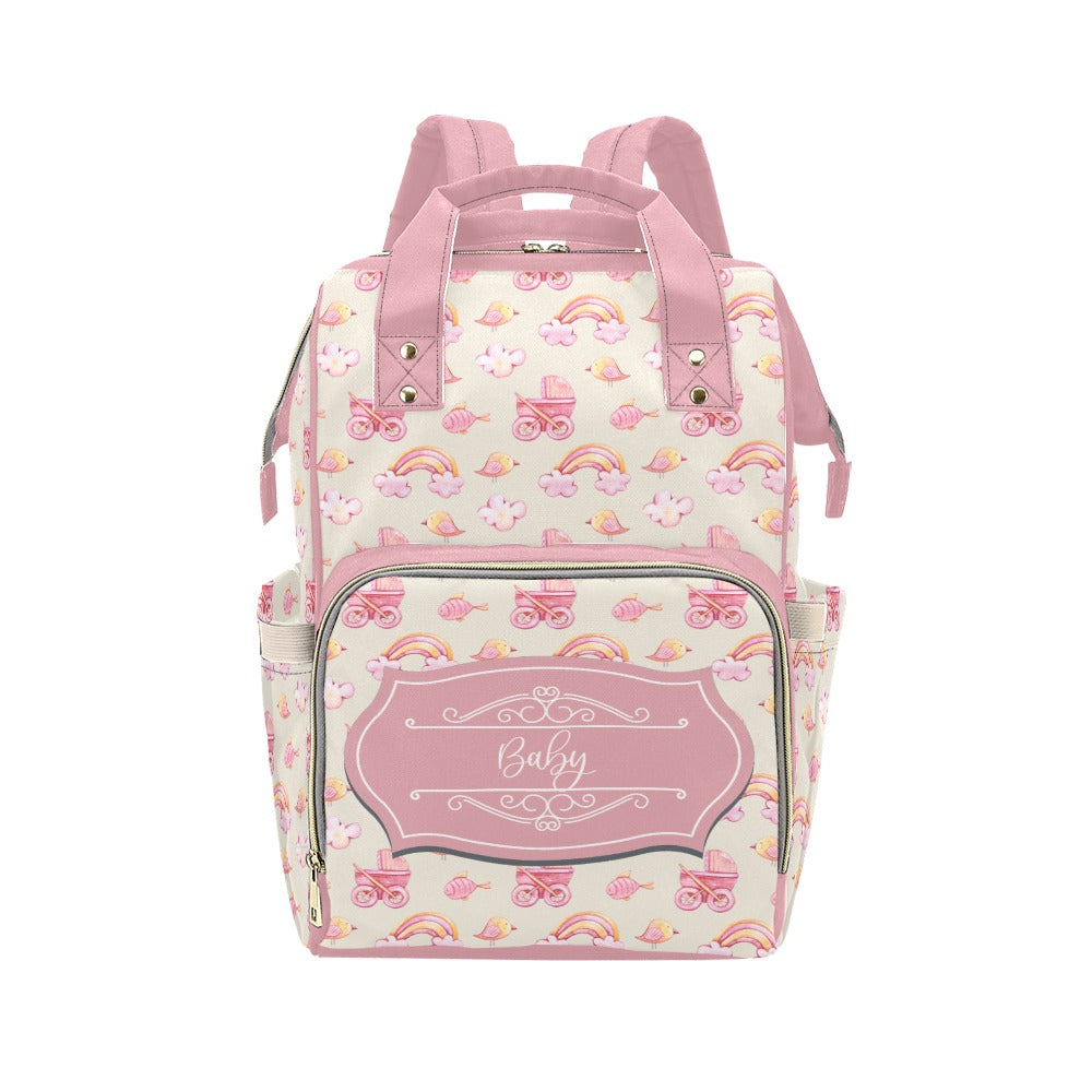 Diaper Bag Backpack with Retro Rainbows and Carriages and Name Label - Waterproof Diaper Backpack