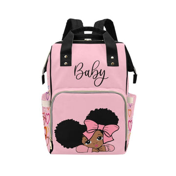 Personalize Optional - Designer Diaper Bags - African American Baby Girl With Afro Pigtails Powder Pink - Waterproof Multi-Function Backpack