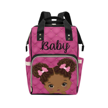 Cute African American Baby Girl With Natural Pigtails And Pink Bows On Hot Pink Tufted Design Multi-Function Backpack