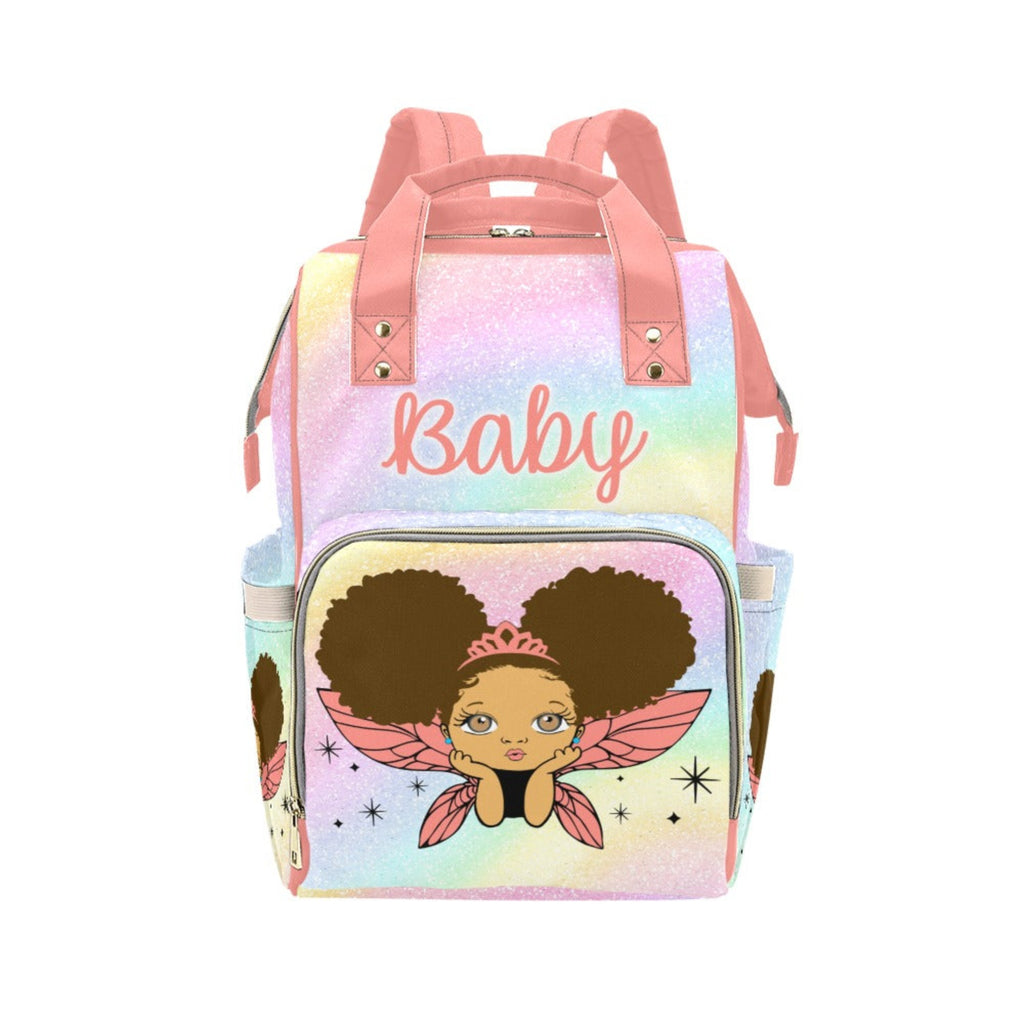 Biracial - Multi-Racial Pretty Eyes Baby Girl Fairy Princess Rainbow Coral Diaper Bag Backpack