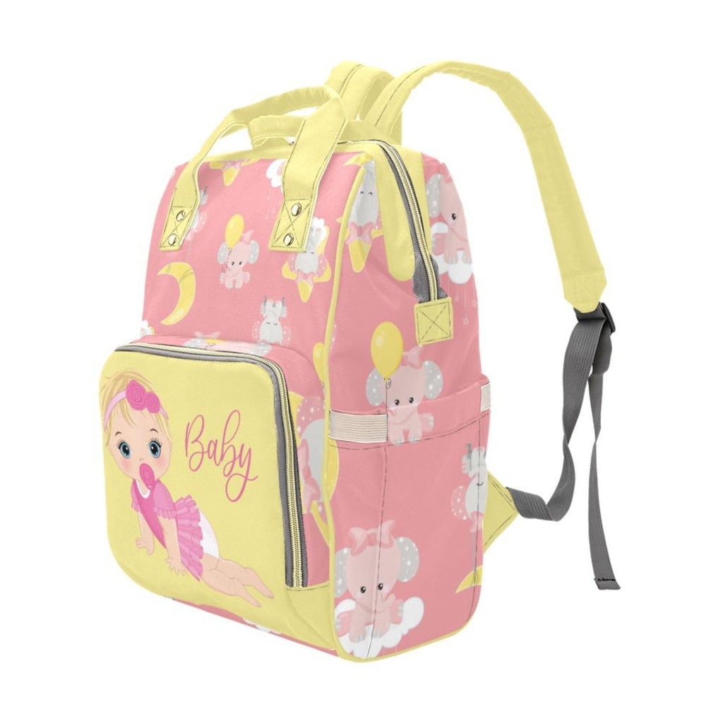 Custom Diaper Bag - Backpack Diaper Bag - Cute Blonde Baby Girl In Pink - Yellow Diaper Bag