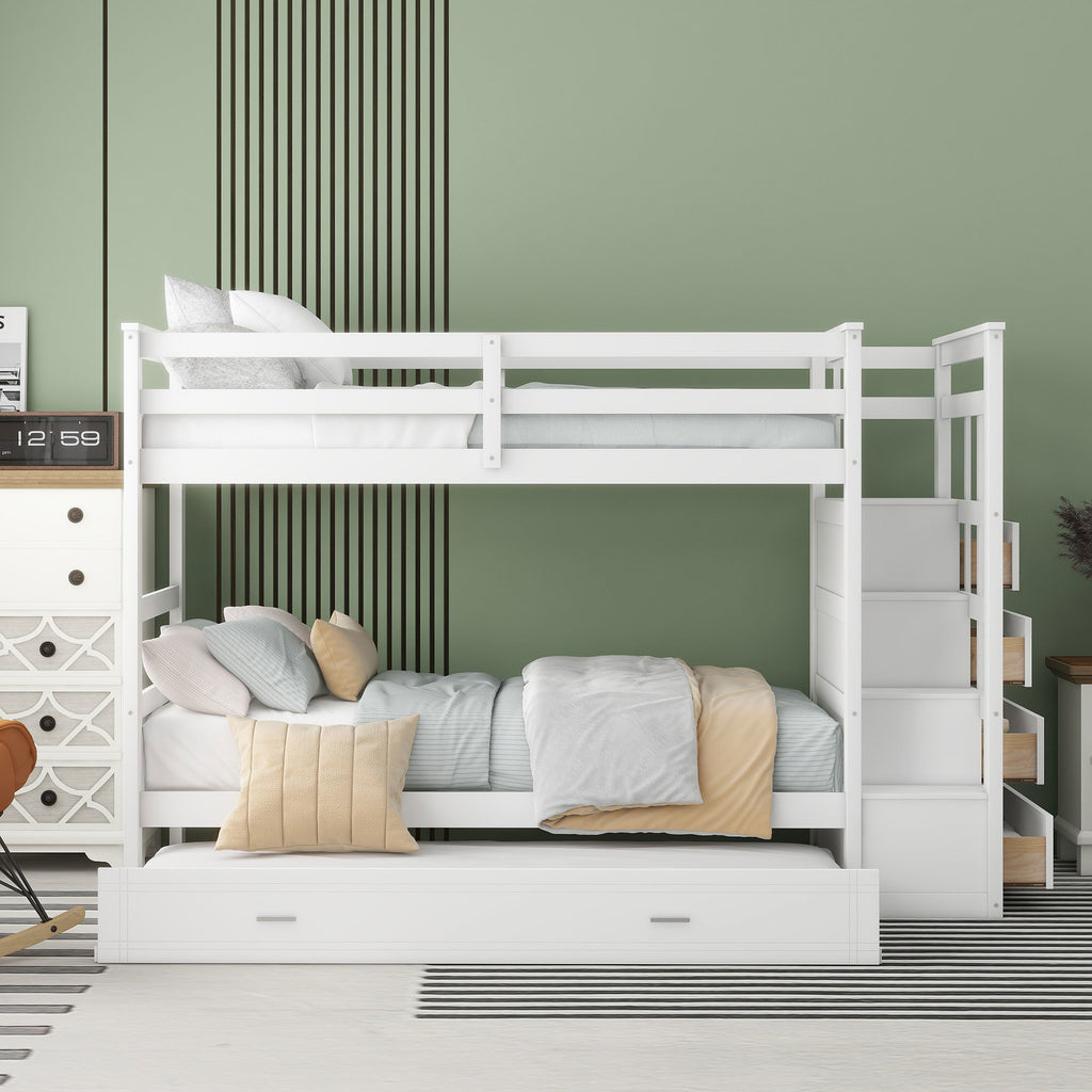 Twin Over Twin Bunk Bed with Trundle and Staircase,White(OLD SKU:LT000068AAK)