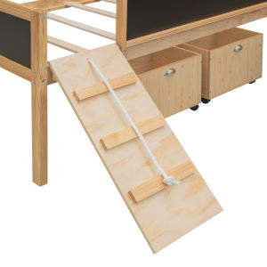 Twin size Loft Bed Wood Bed with Two Storage Boxes - Natural