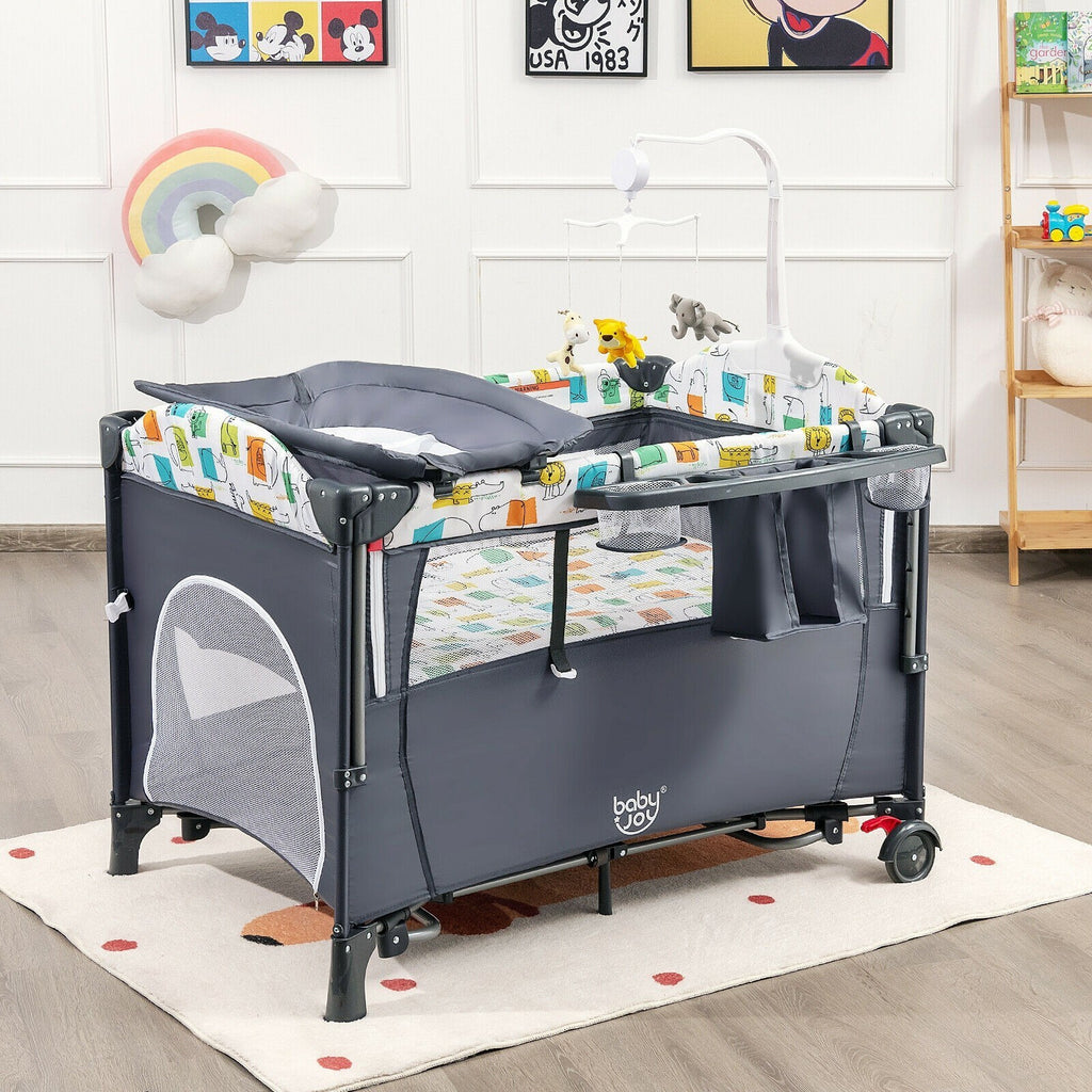 BabyJoy 5 in 1 Baby Nursery Center Foldable Toddler Bedside Crib with Music Box
