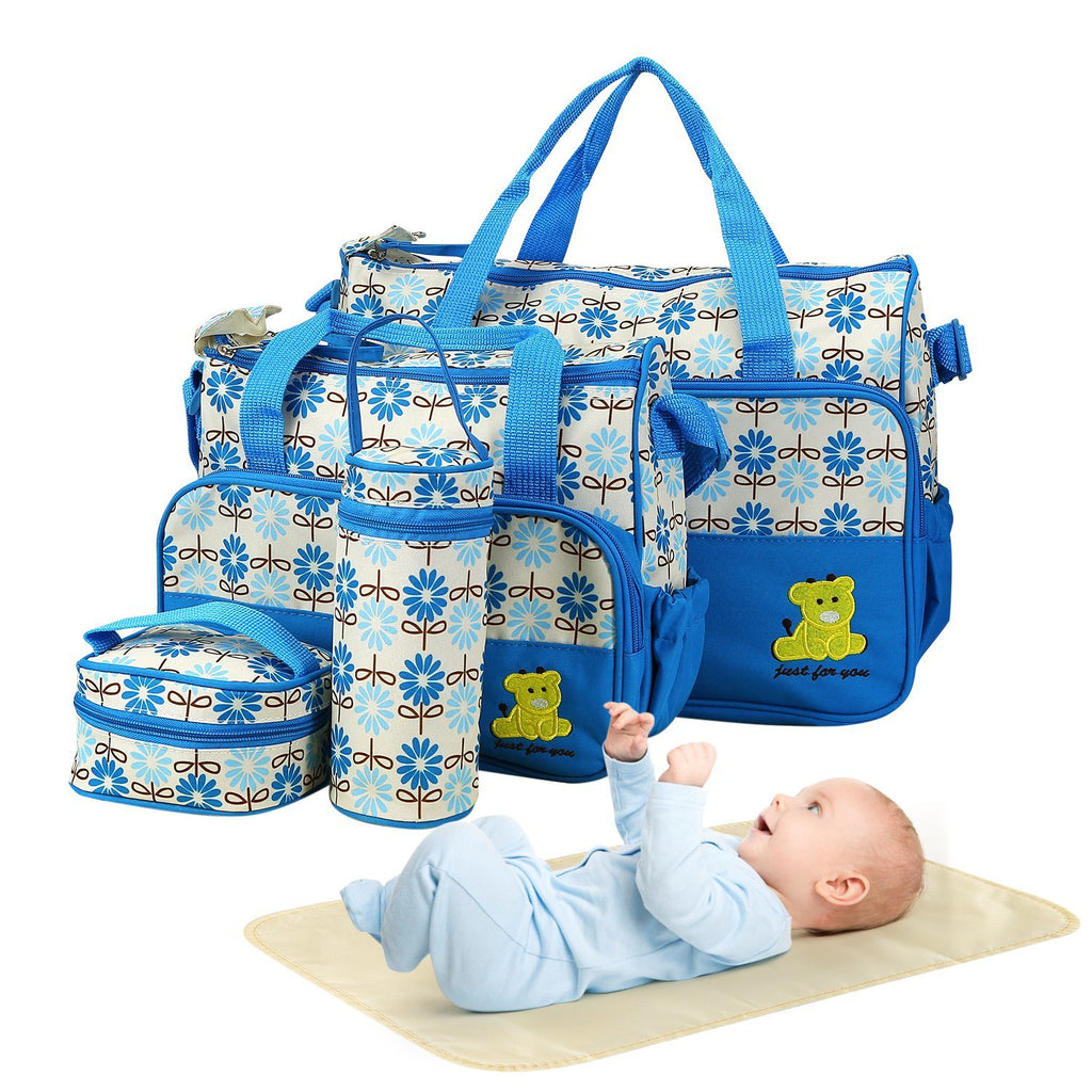 5PCS Baby Diaper Bags Set w/ Nappy Changing Pad Insulated Pockets Travel Tote Bags