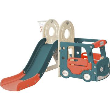 Kids Slide with Bus Play Structure; Freestanding Bus Toy with Slide for Toddlers; Bus Slide Set with Basketball Hoop
