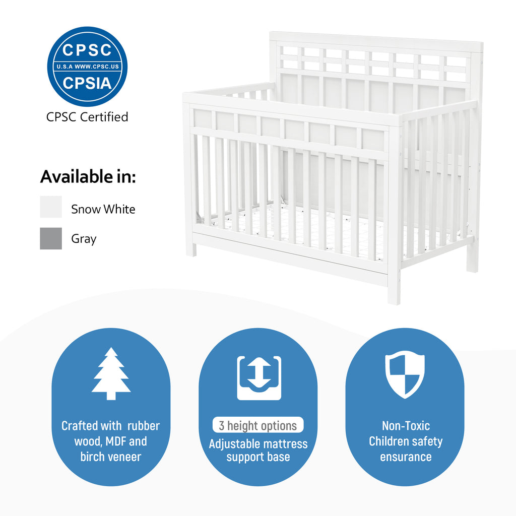 Certified Baby Safe Crib, Pine Solid Wood, Non-Toxic Finish, White