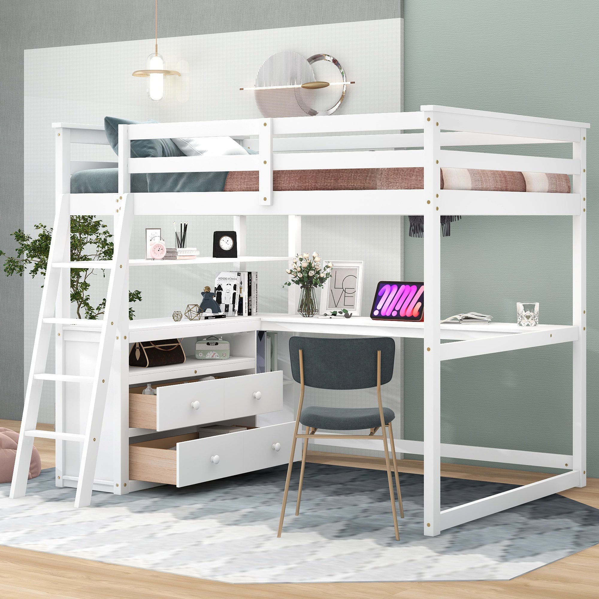 Full Size Loft Bed with Desk and Shelves; Two Built-in Drawers; White