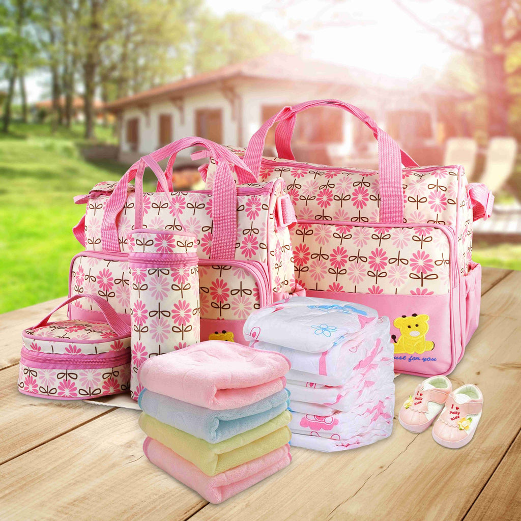 5PCS Baby Diaper Bags Set w/ Nappy Changing Pad Insulated Pockets Travel Tote Bags