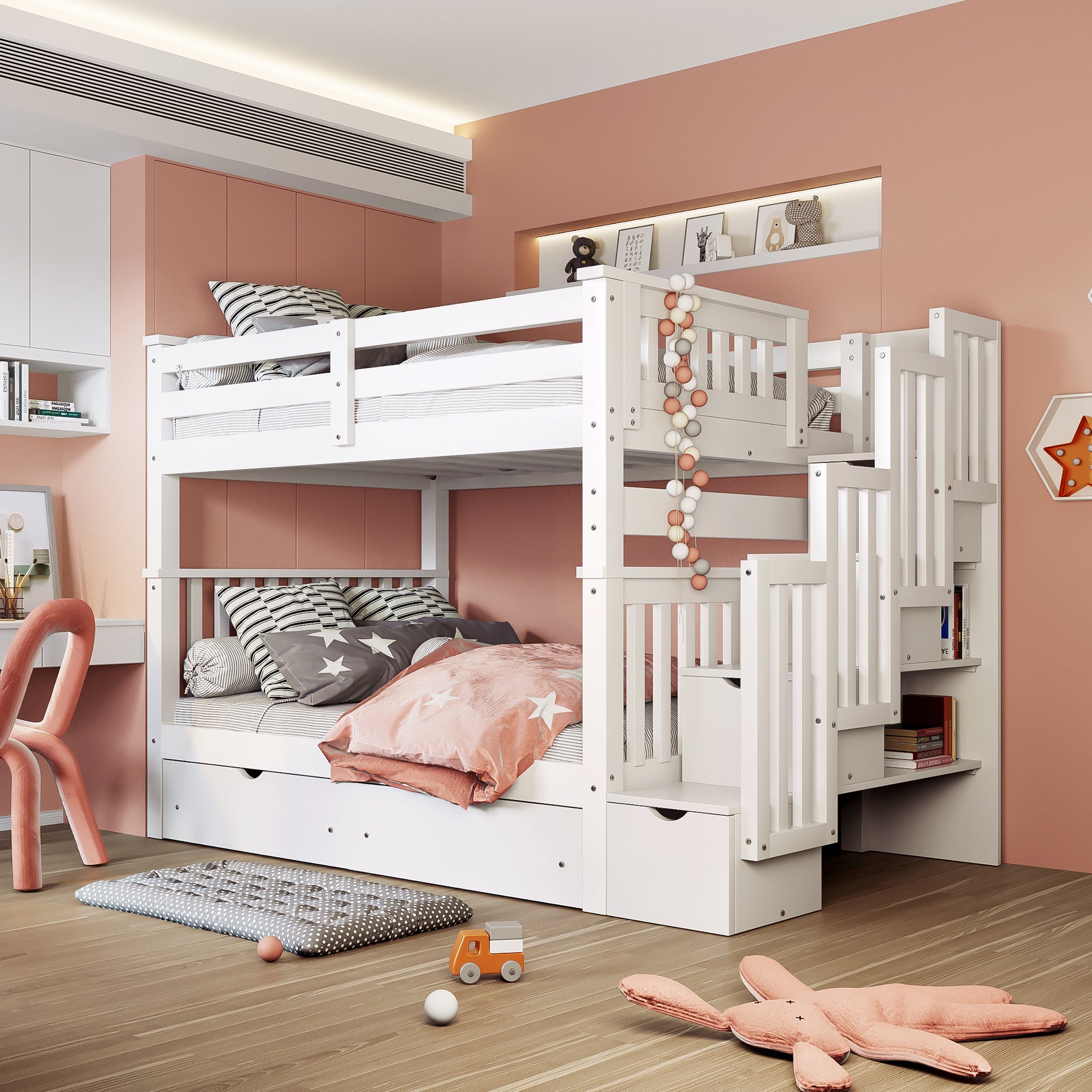 Full Over Full Bunk Bed with Shelves and 6 Storage Drawers, White(Old SKU:LP000046AAK)