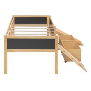 Twin Size Loft Bed Wood Bed with Two Storage Boxes - Natural Wood