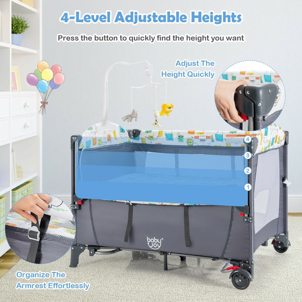 BabyJoy 5 in 1 Baby Nursery Center Foldable Toddler Bedside Crib with Music Box