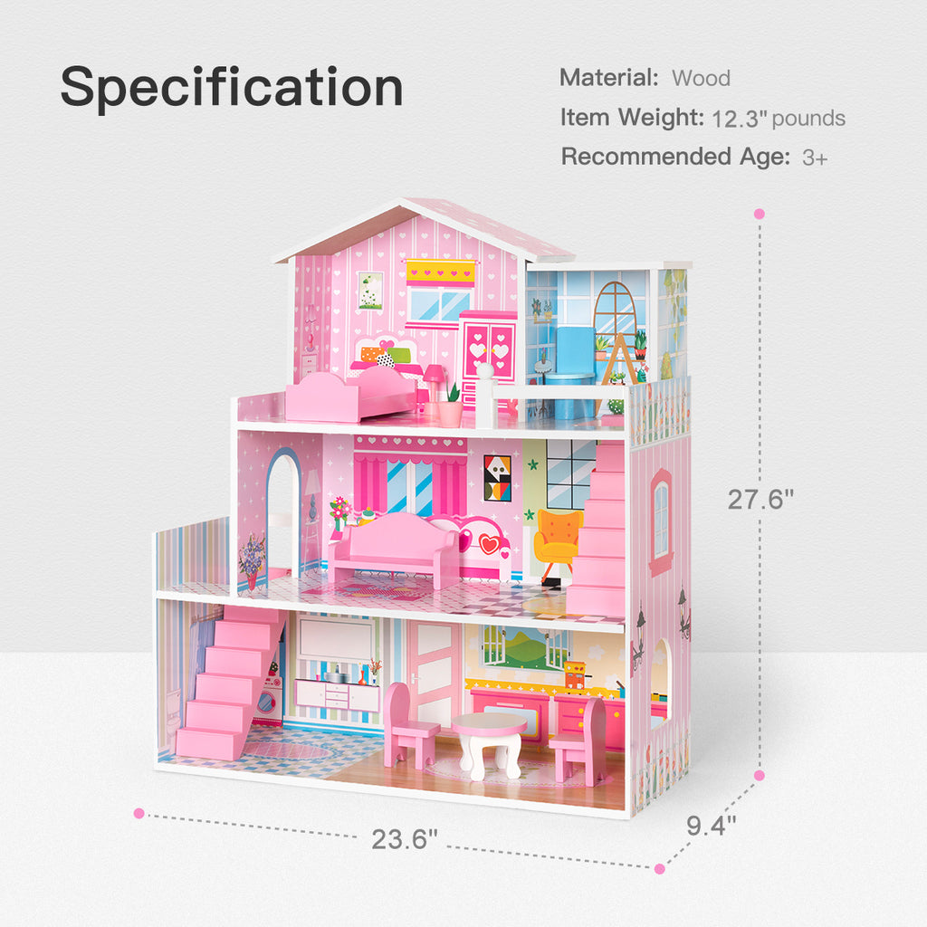 Big Wooden Dollhouse with Furniture Doll House Playset for Kids Girls Gift