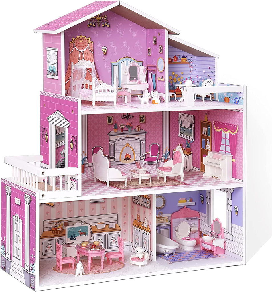 Robud Victoria Wooden Dollhouse for Kids with 24pcs Furniture Preschool Toy