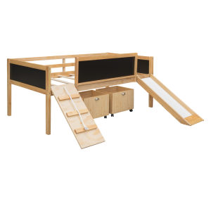 Twin Size Loft Bed Wood Bed with Two Storage Boxes - Natural Wood