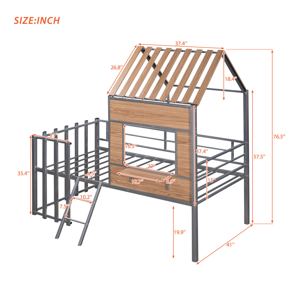 Metal Twin size Loft Bed with Roof; Window; Guardrail; Ladder Silver