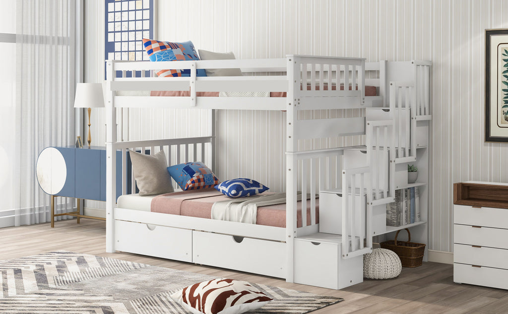 Full Over Full Bunk Bed with Shelves and 6 Storage Drawers, White(Old SKU:LP000046AAK)